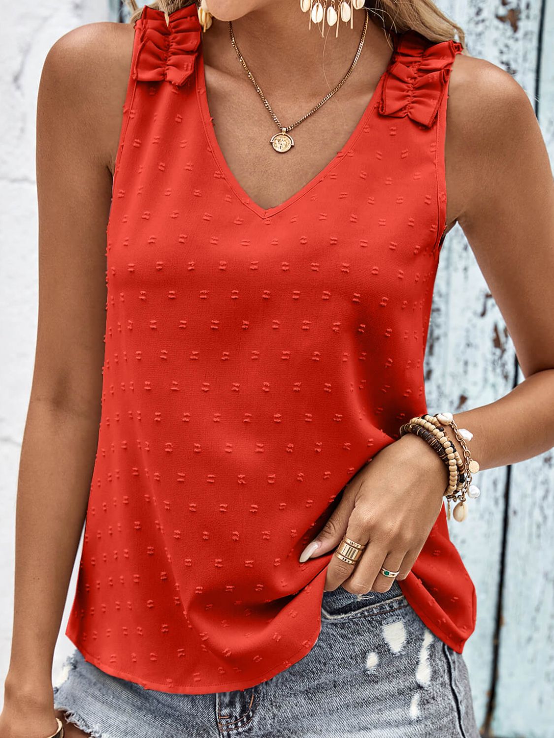 Swiss Dot Shoulder Detail V-Neck Tank