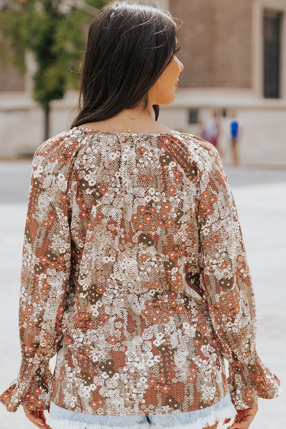 Printed Tie-Neck Long Flounce Sleeve Blouse