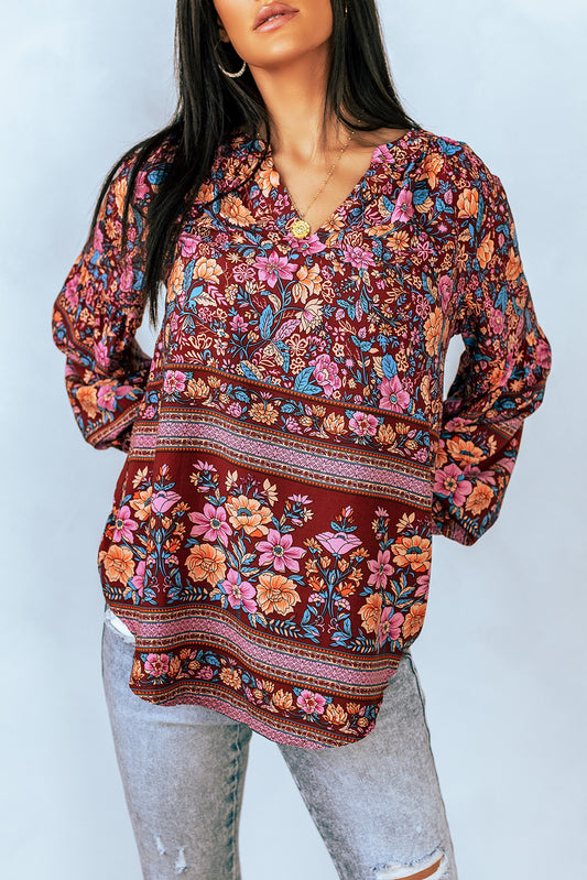 Bohemian Balloon Sleeve Notched Neck Blouse