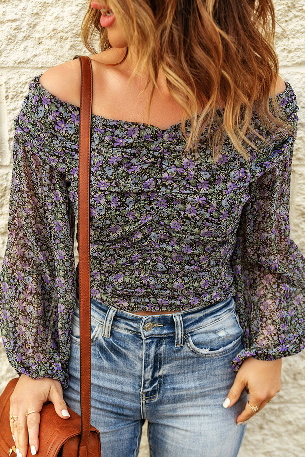 Floral Off-Shoulder Ruched Top