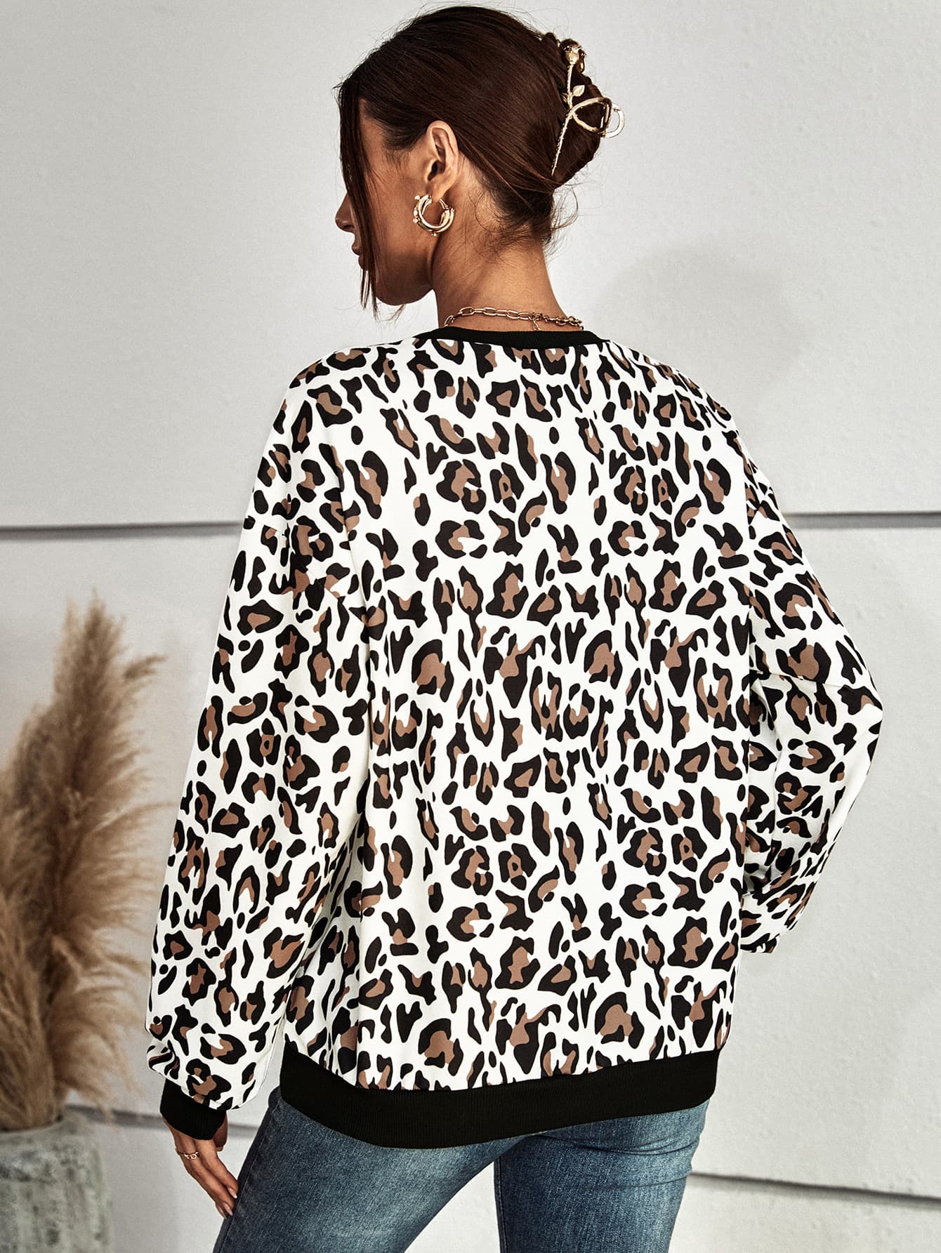 Leopard Round Neck Dropped Shoulder Sweatshirt