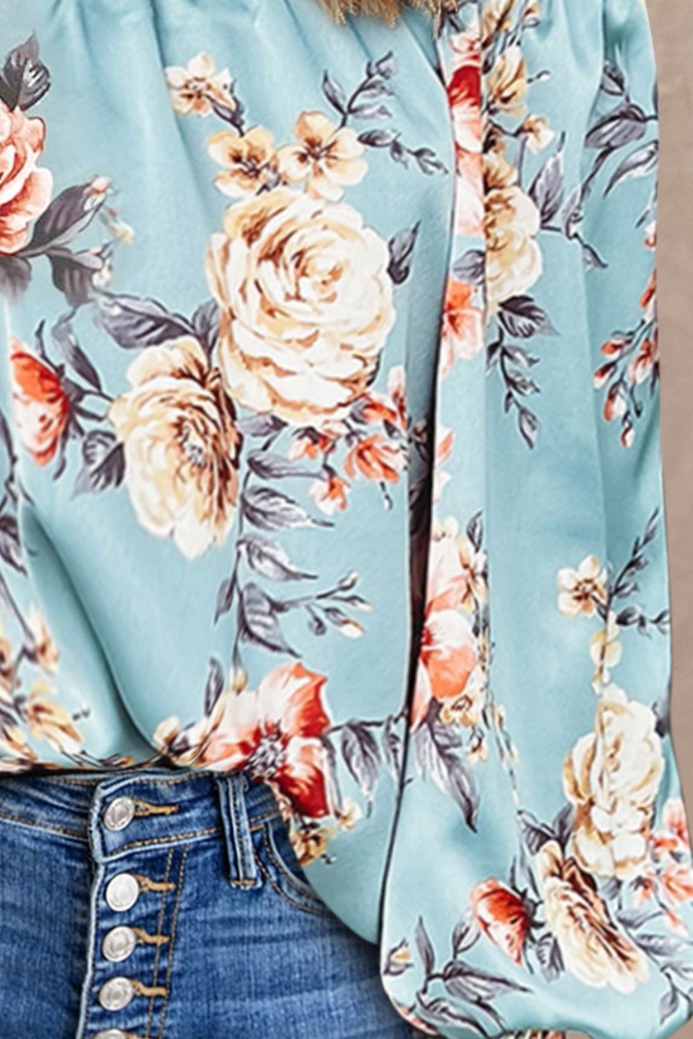 Floral Frill Trim Off-Shoulder Lantern Sleeve Blouse