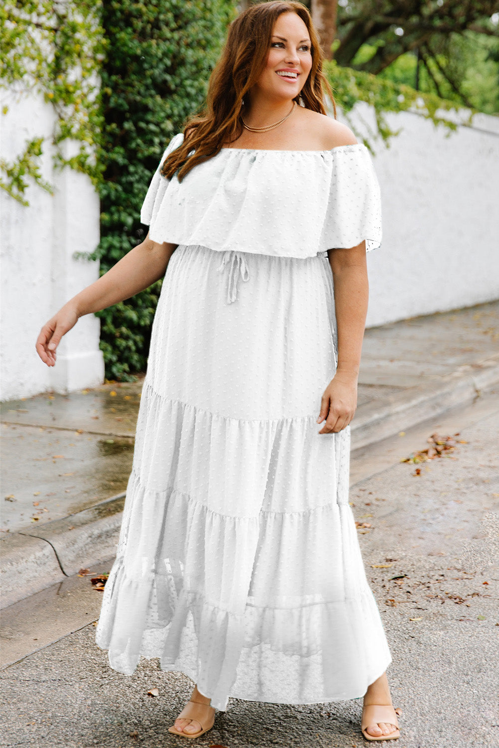 Plus Size Swiss Dot Off-Shoulder Tiered Dress