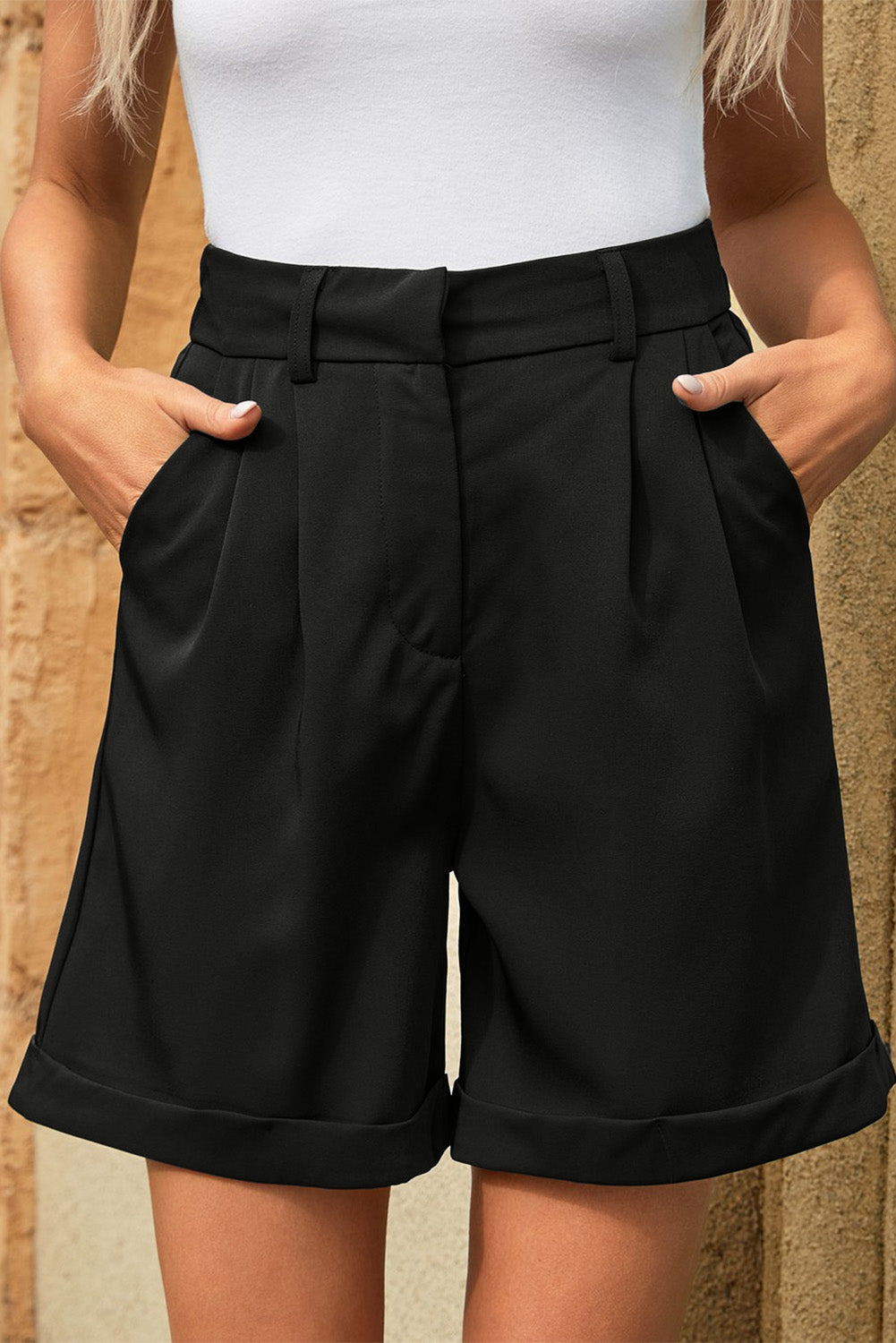 Pleated High Waist Shorts with Pockets