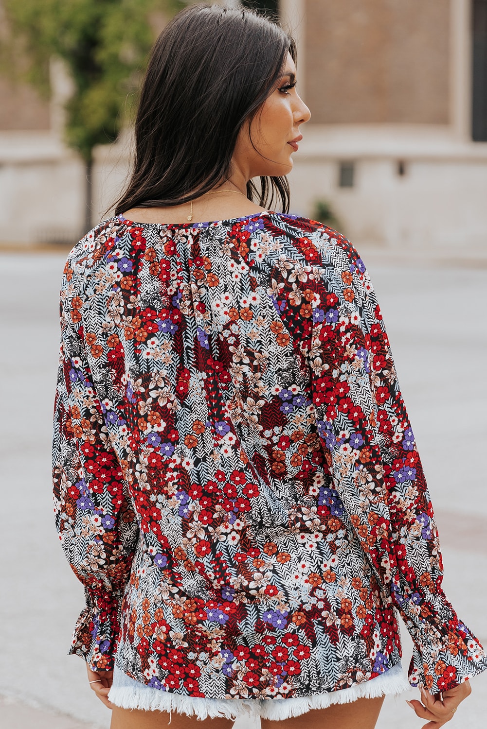 Printed Tie-Neck Long Flounce Sleeve Blouse