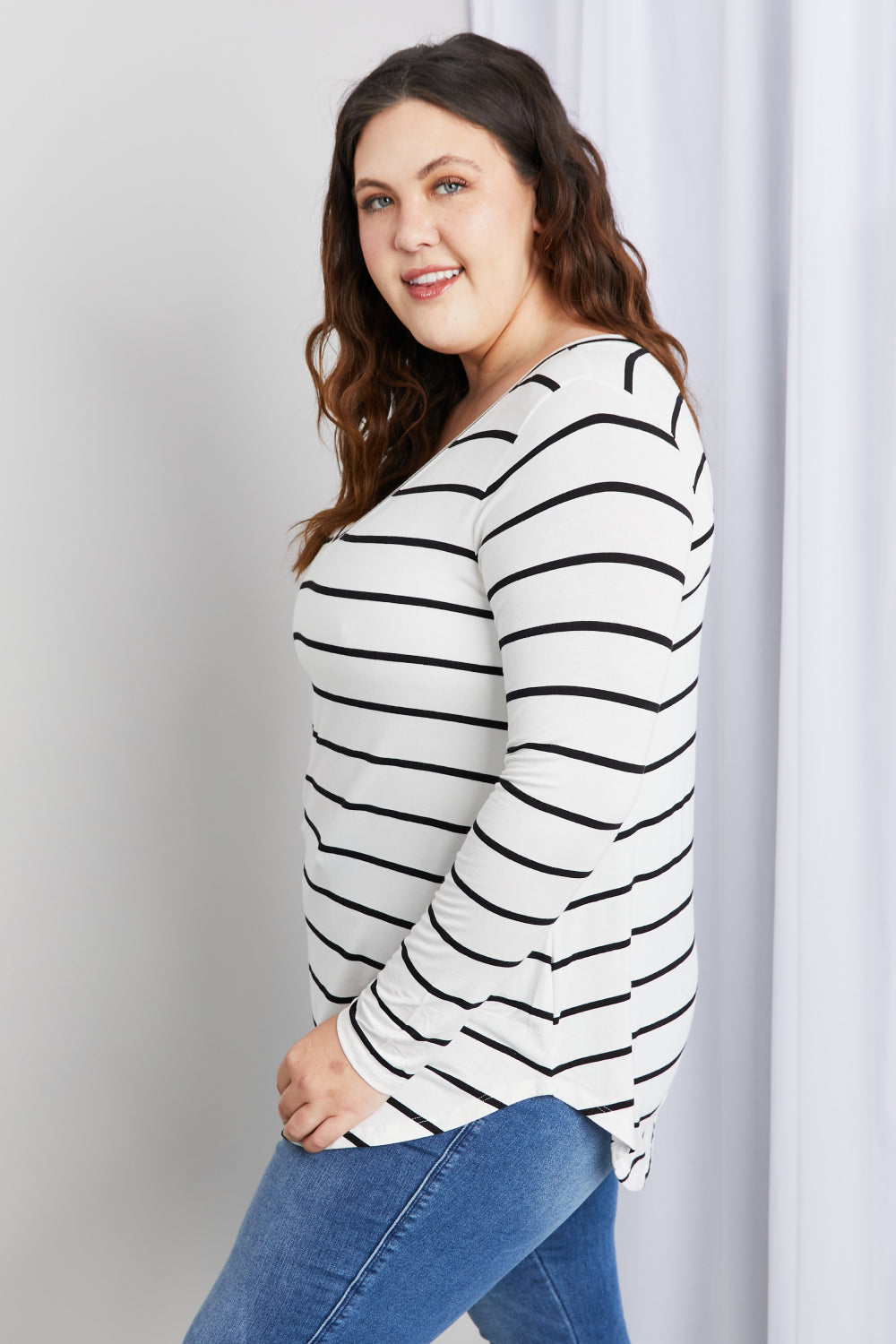 Zenana Full Size Striped V-Neck Long Sleeve Top