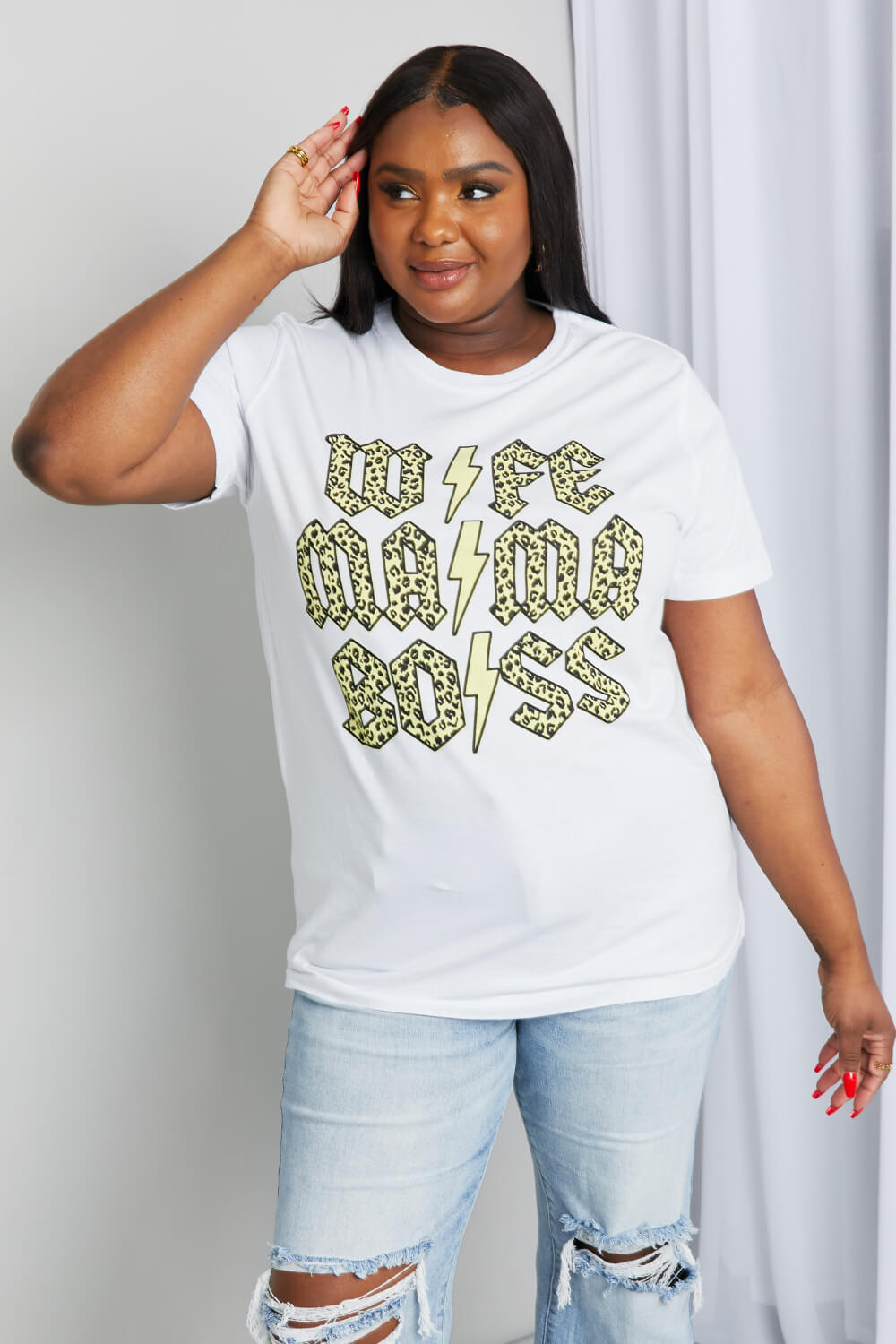 mineB Full Size Leopard Lightning Graphic Tee in White