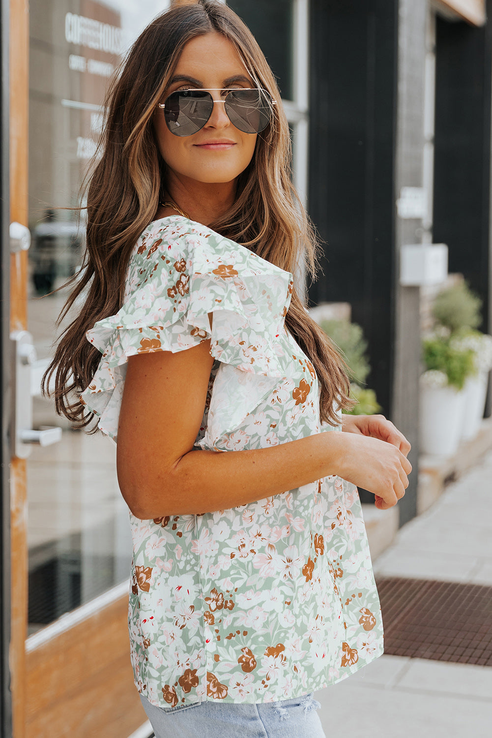 Floral Ruffled Flutter Sleeve Blouse