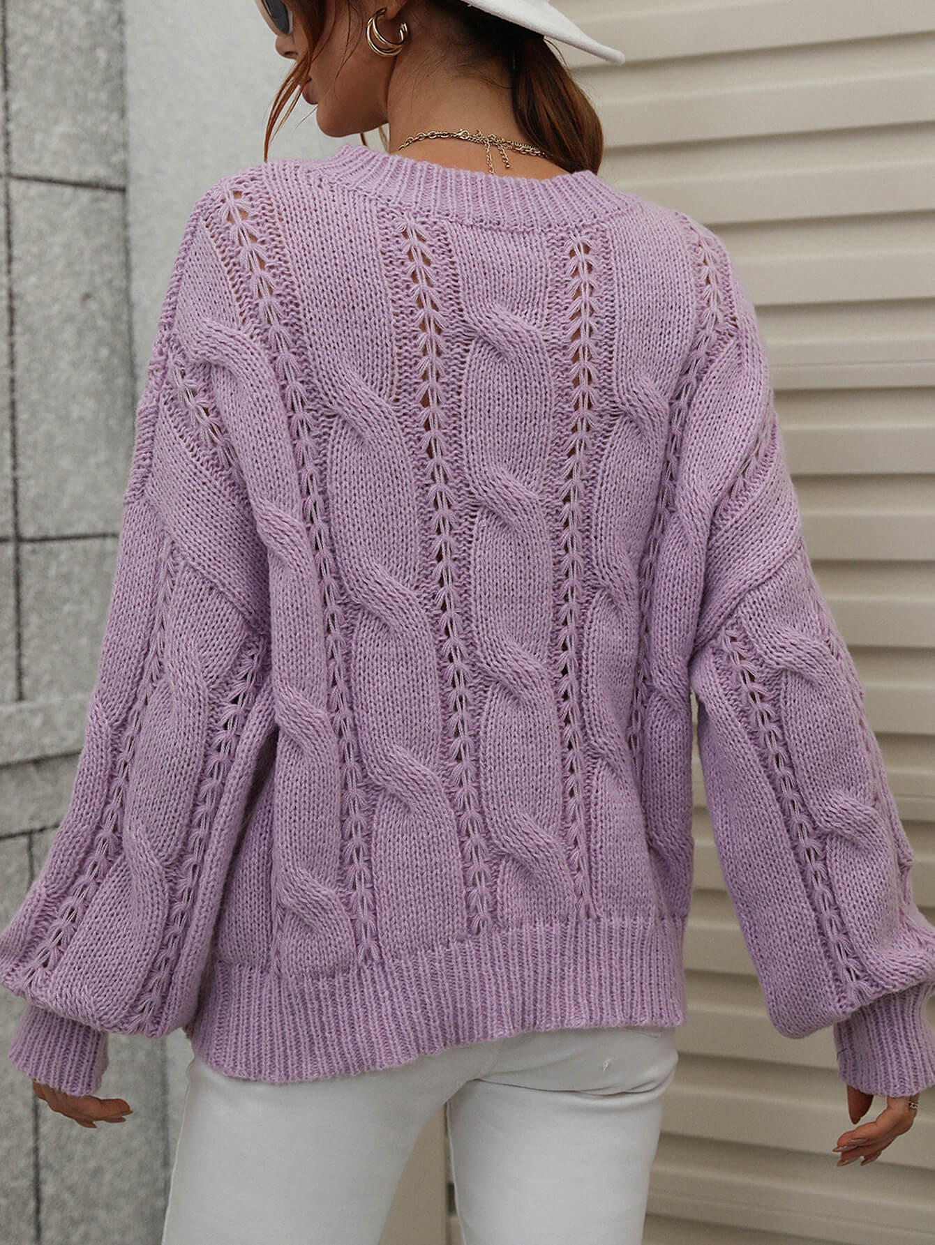 Cable-Knit Openwork Round Neck Sweater