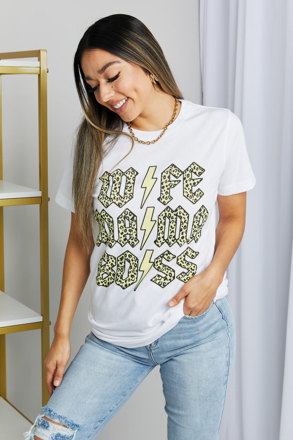 mineB Full Size Leopard Lightning Graphic Tee in White