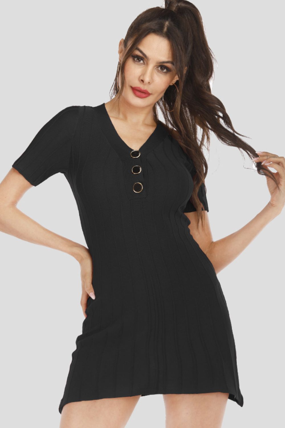 Buttoned Short Sleeve V-Neck Knit Dress