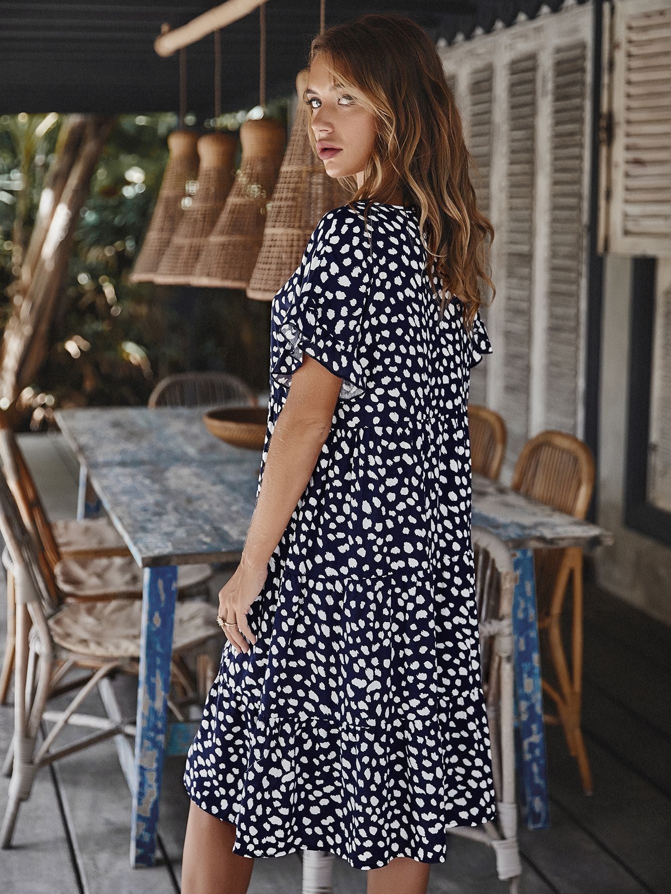 Printed Round Neck Tiered Dress