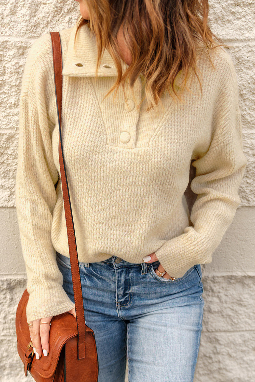 Half Button Dropped Shoulder Ribbed Sweater