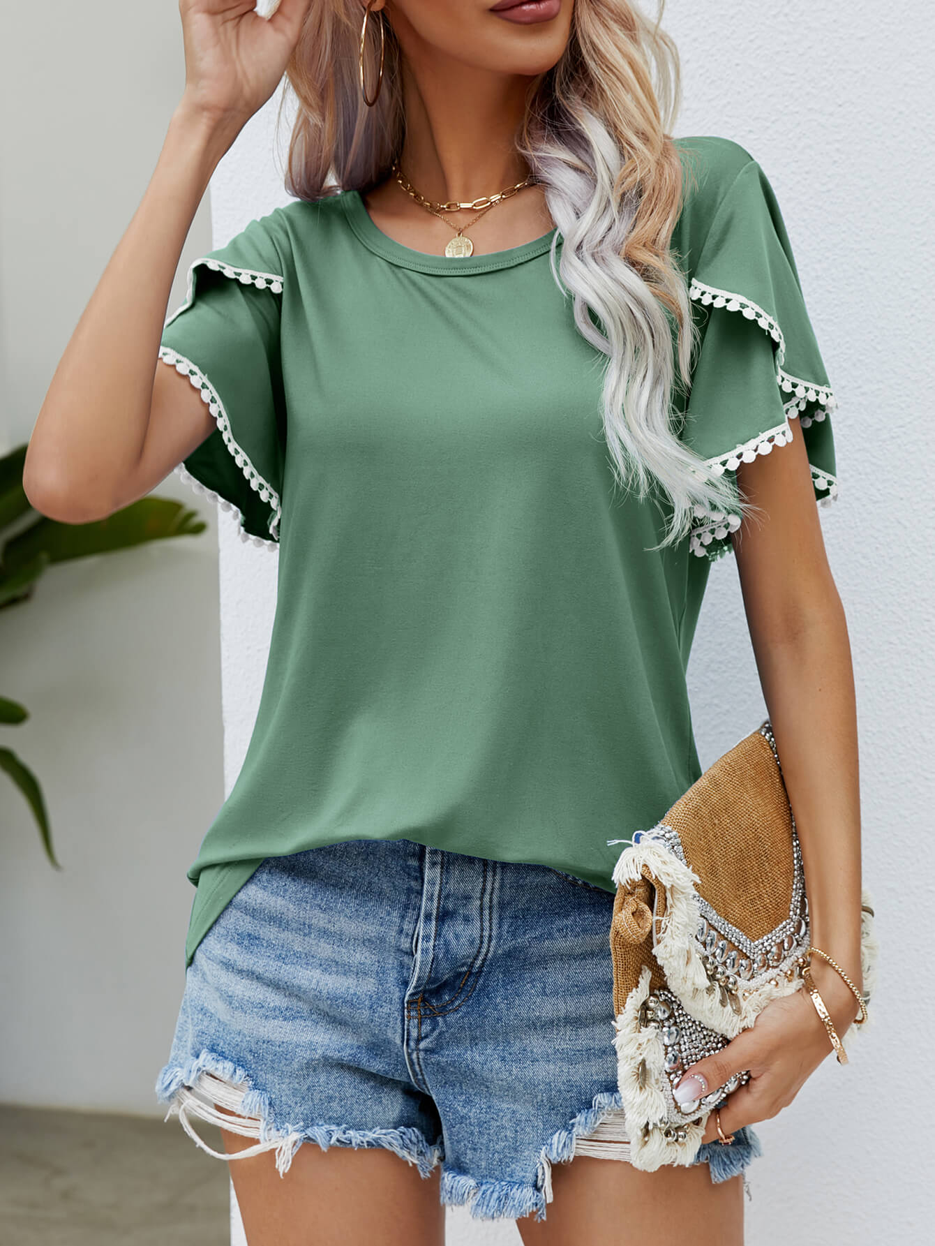 Pom-Pom Trim Flutter Sleeve Round Neck Tee