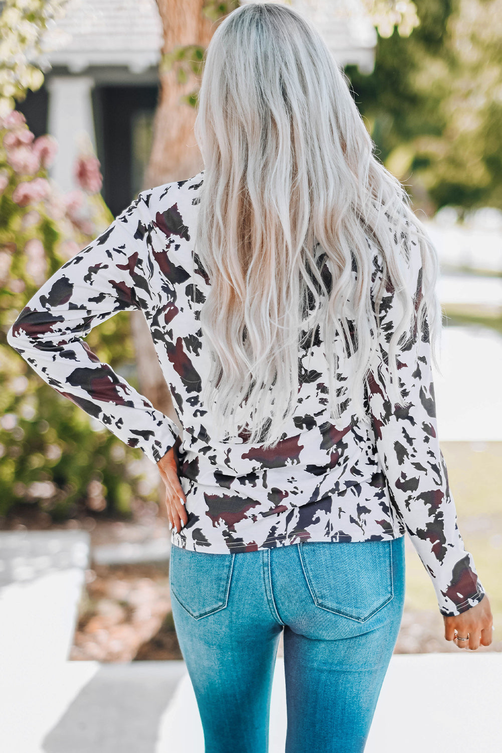 Cow Print Keyhole Long Sleeve Top