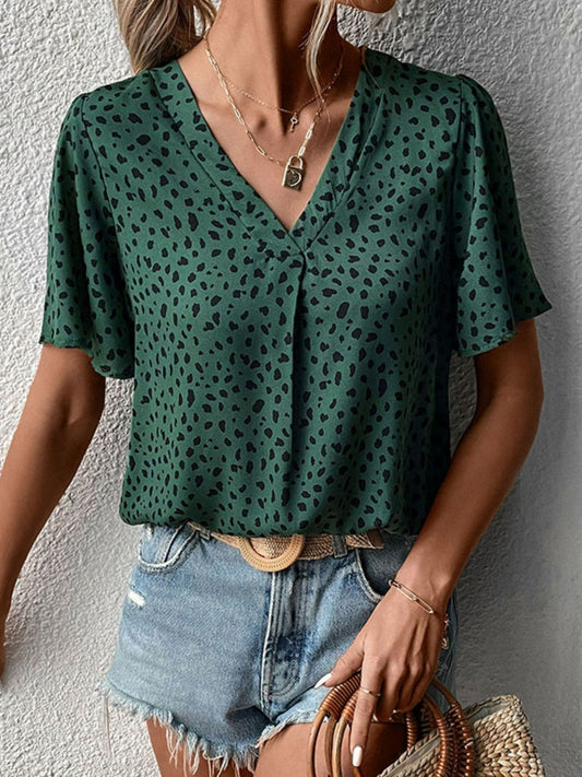 Animal Print V-Neck Flutter Sleeve Blouse