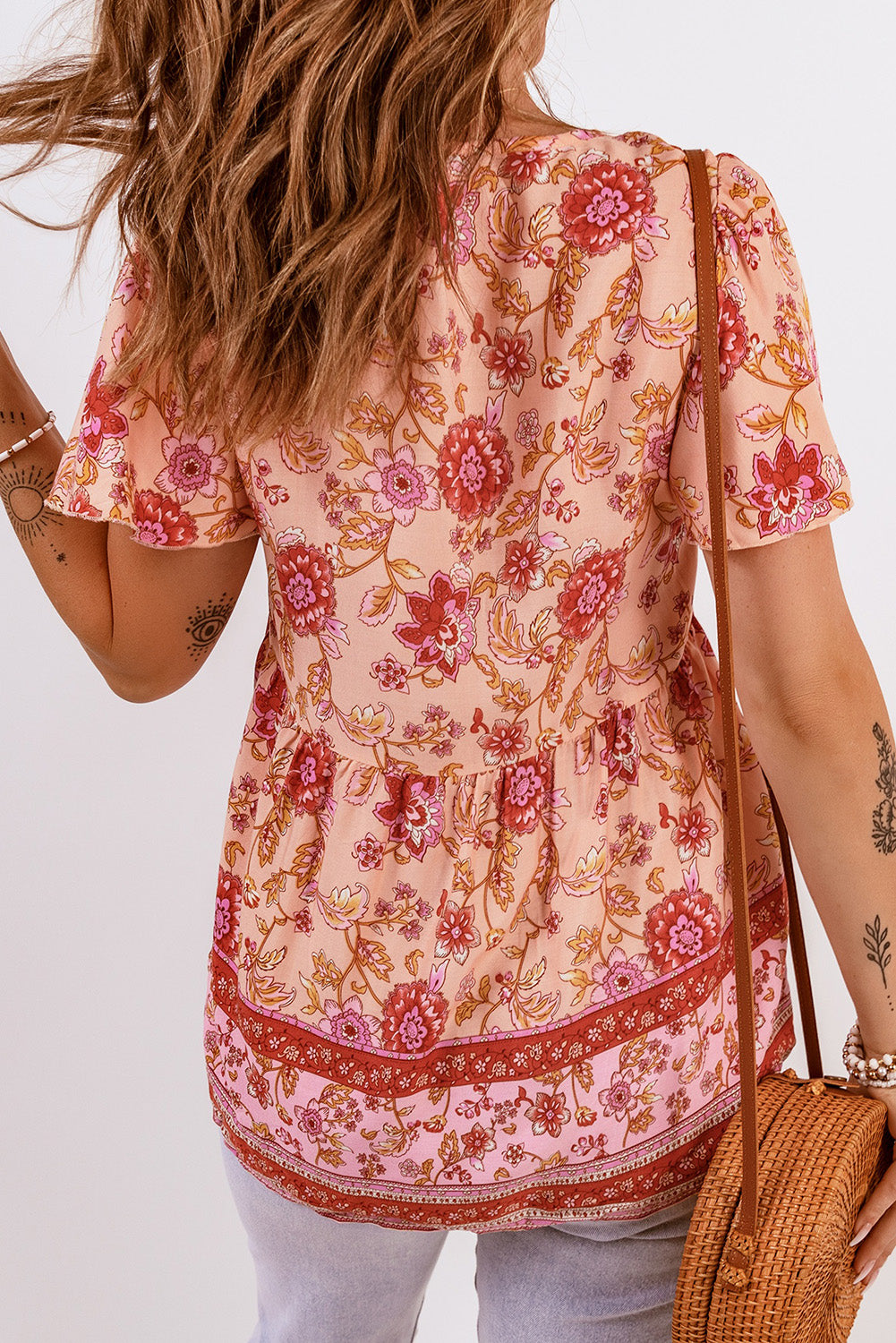 Bohemian Buttoned Short Puff Sleeve Blouse