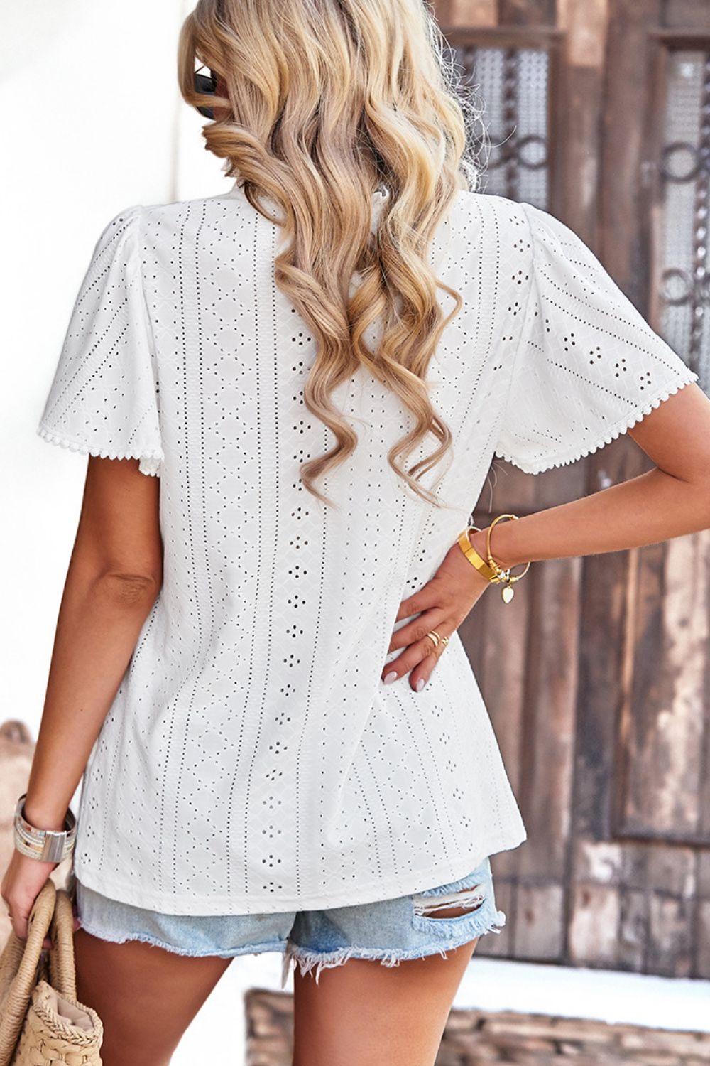 Frill Trim Round Neck Eyelet Puff Sleeve Blouse