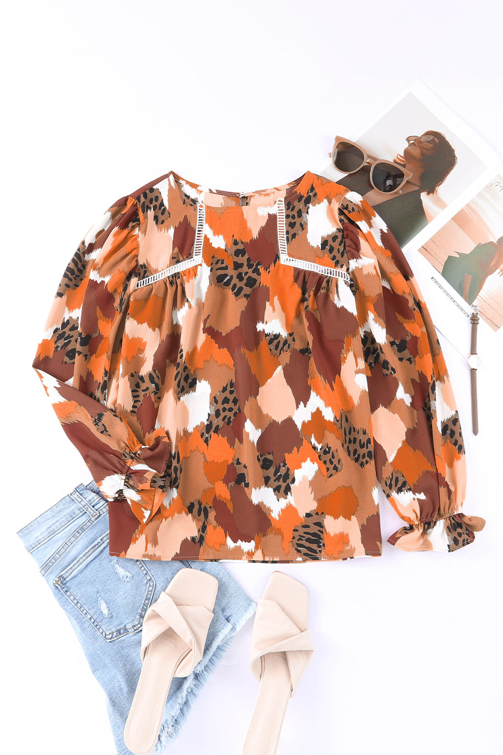 Printed Flounce Sleeve Buttoned Blouse