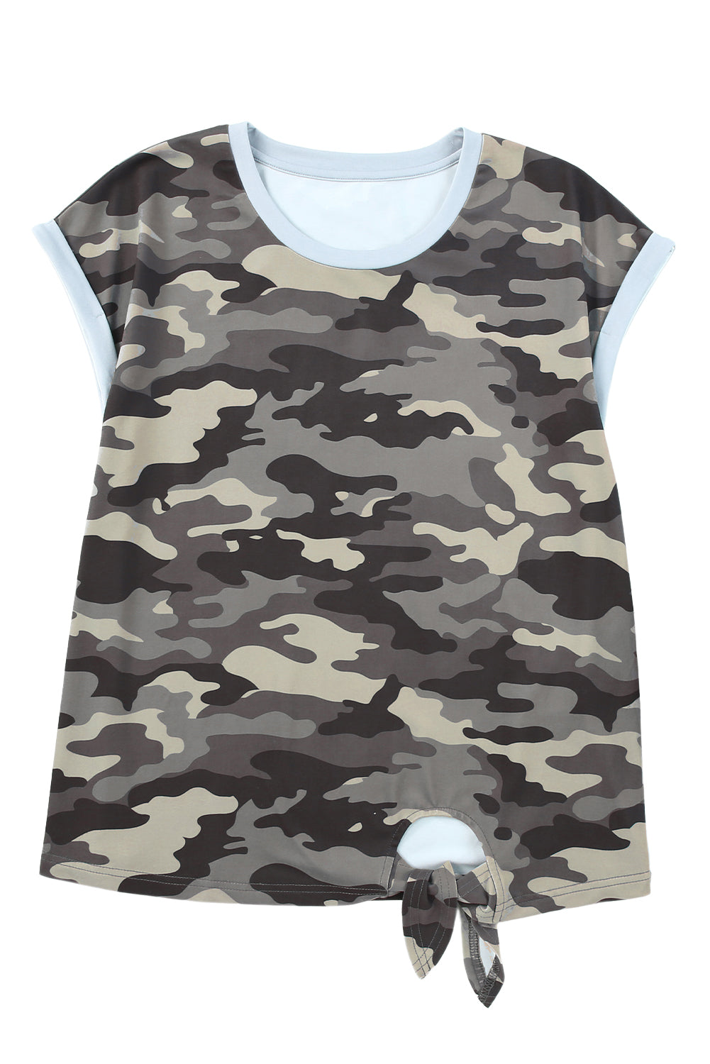 Camouflage Print Round Neck Tie Hem Tee