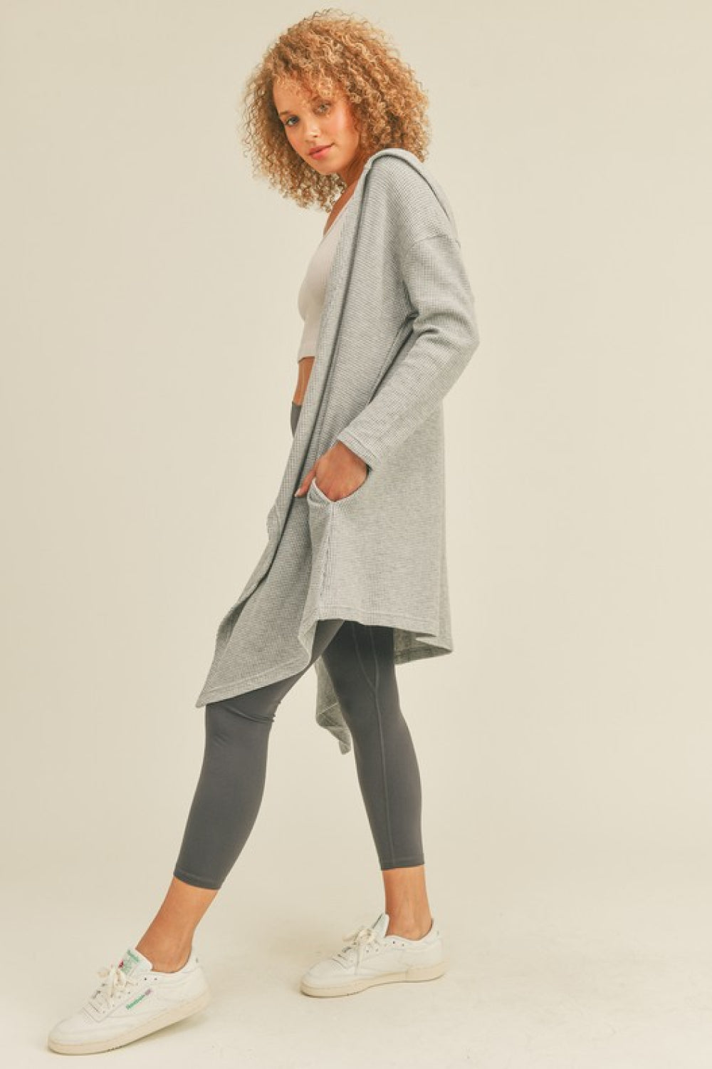 Kimberly C Full Size Waffle Knit Hooded Cardigan in Grey