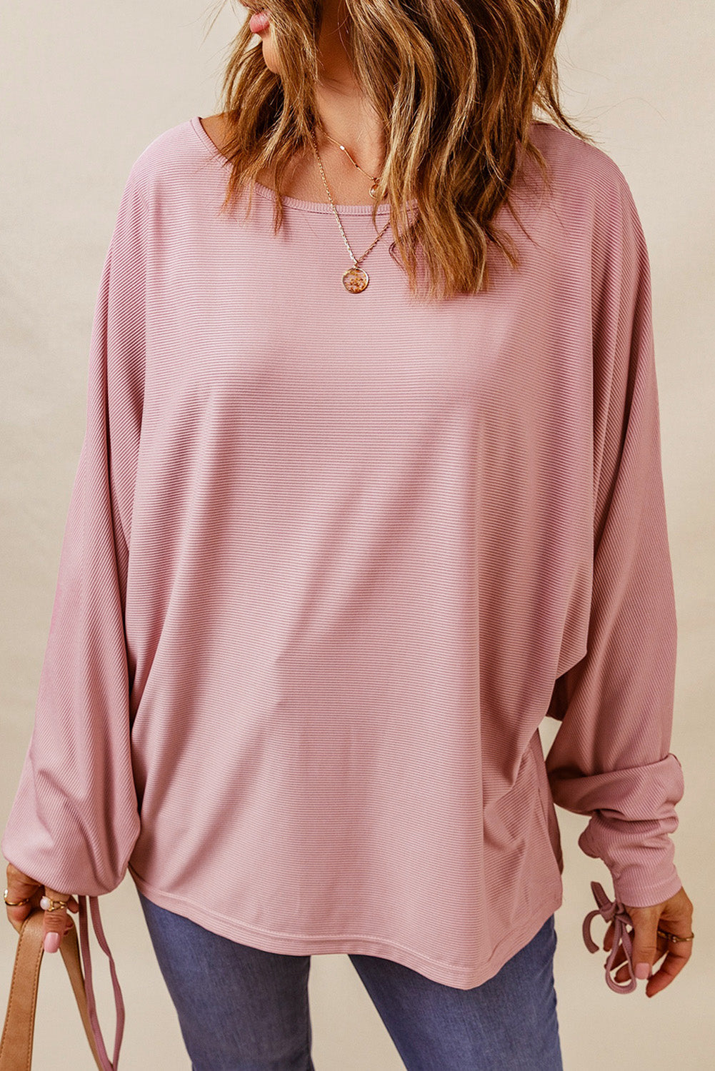 Ribbed Drawstring Dolman Sleeve Top