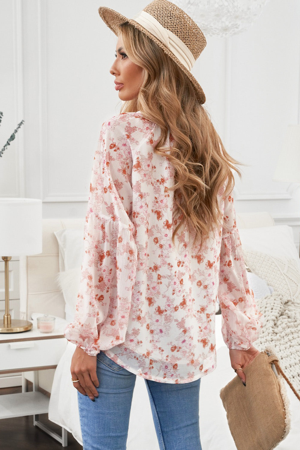 Floral Balloon Sleeve Notched Neck Blouse