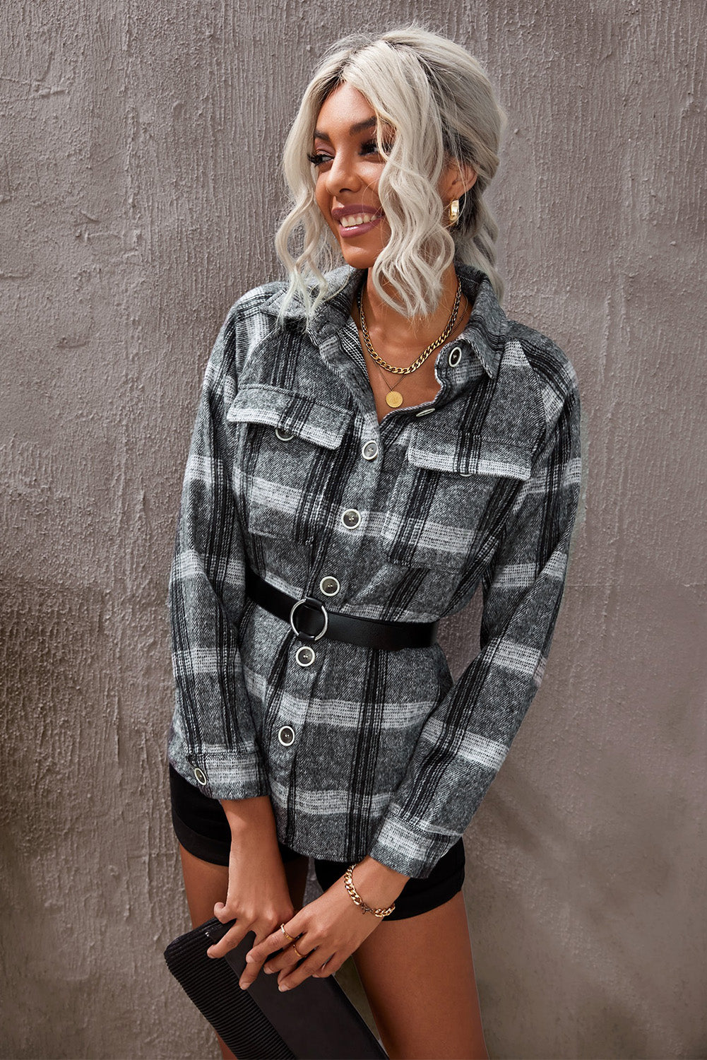 Plaid Raglan Sleeve Shirt Jacket with Breast Pockets (Belt Not Included)