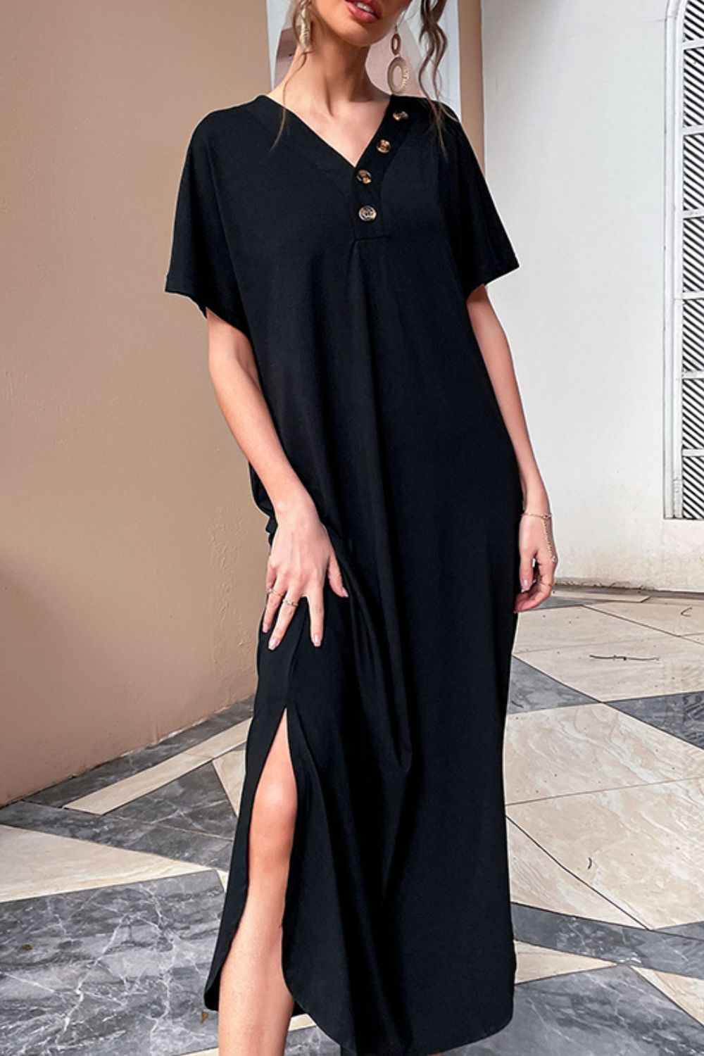 Decorative Button V-Neck Slit Maxi Dress