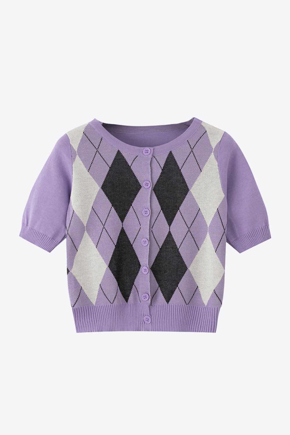 Argyle Round Neck Ribbed Trim Cardigan