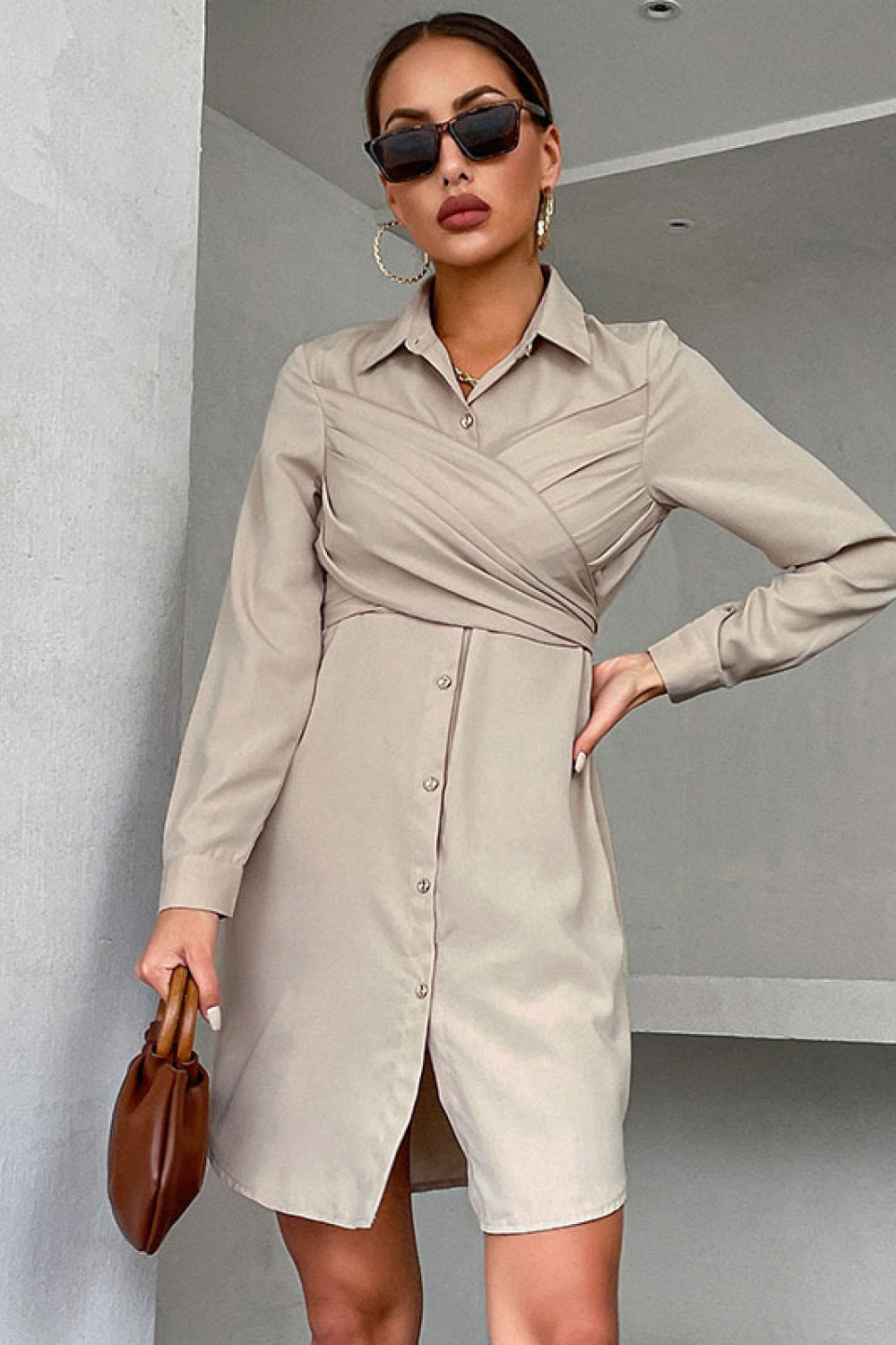 Crisscross Tie-Back Curved Hem Shirt Dress