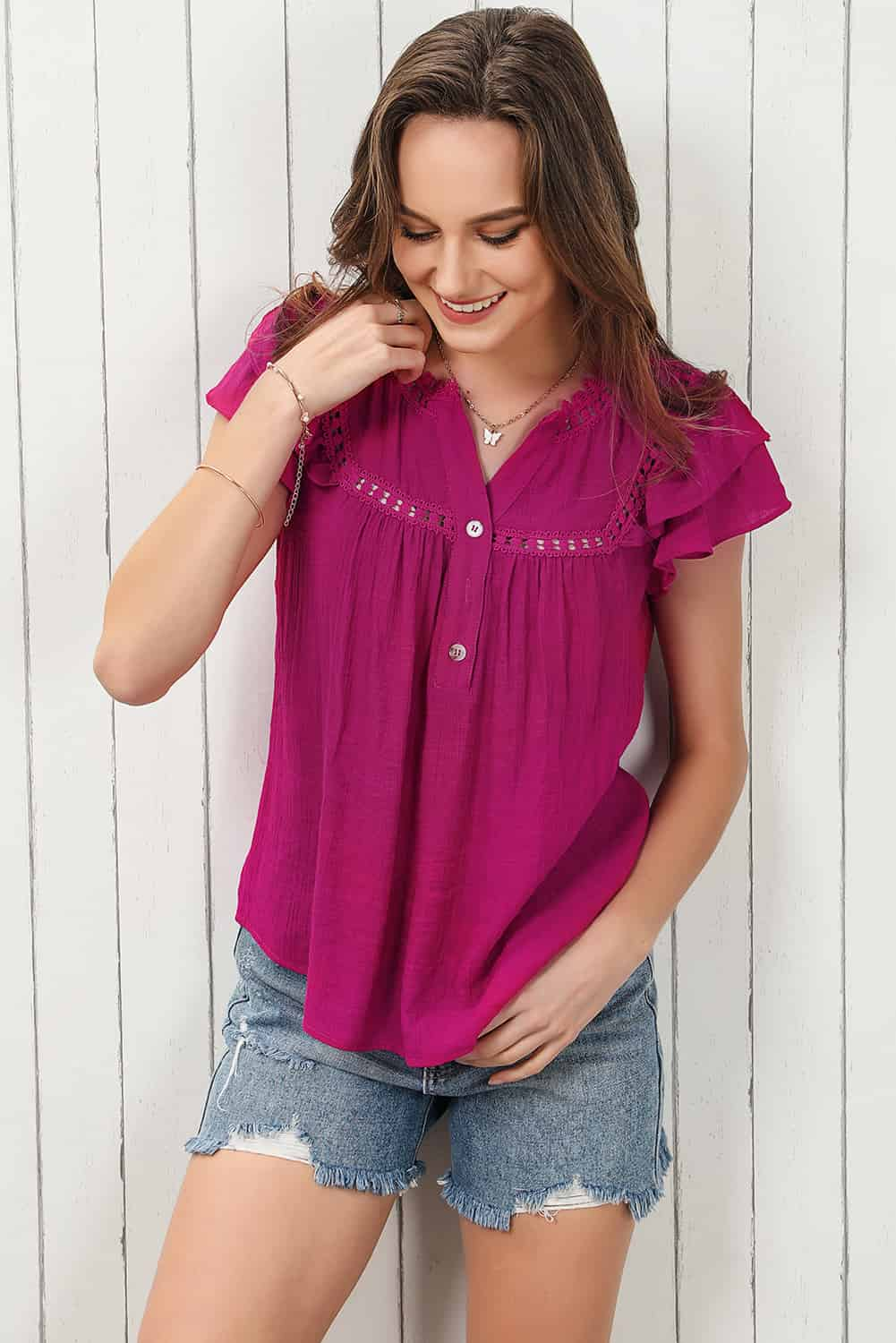 Notched Neck Buttoned Flutter Sleeve Blouse