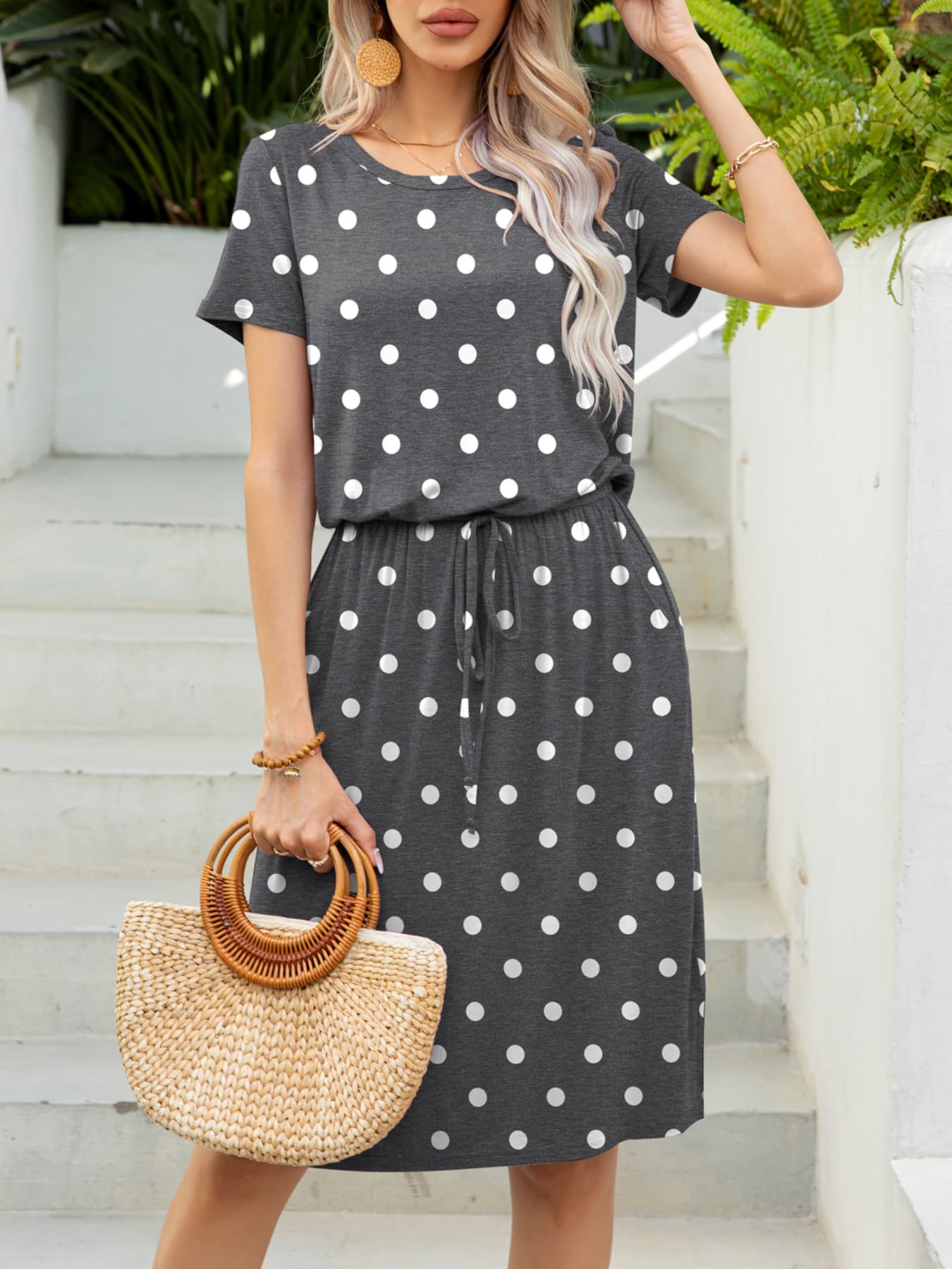 Round Neck Short Sleeve Slit Dress with Pockets