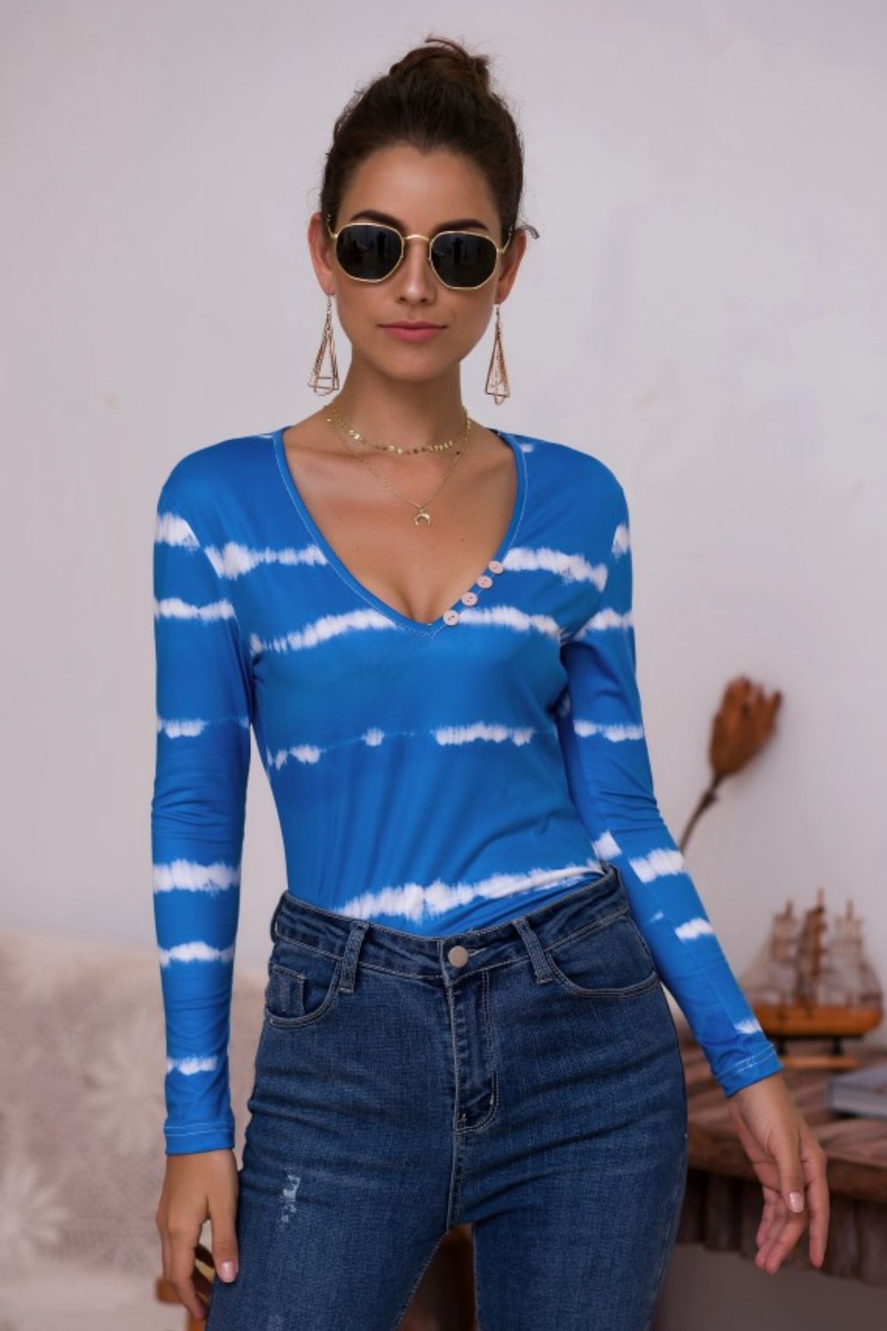 Tie-Dye Plunge Long Sleeve Top