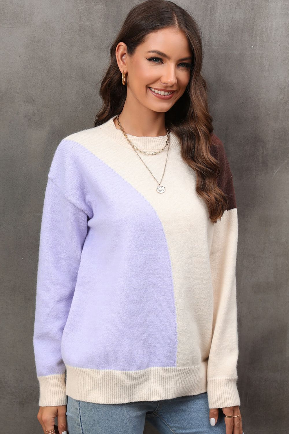 Color Block Ribbed Cuff Drop Shoulder Sweater