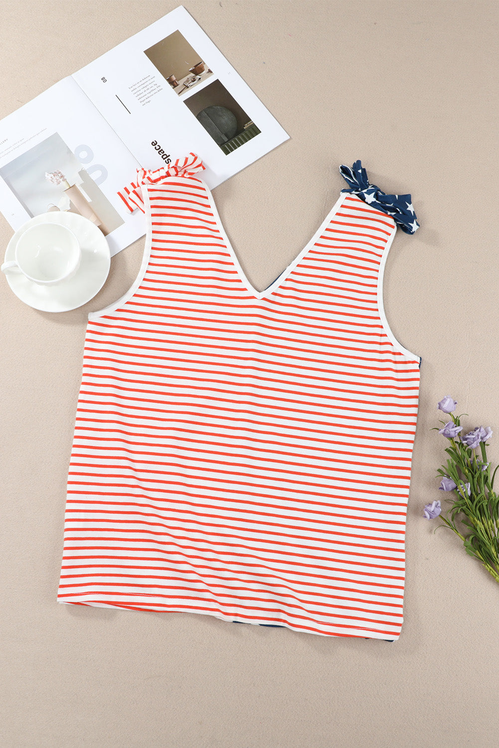 Star and Stripe V-Neck Bow Detail Tank