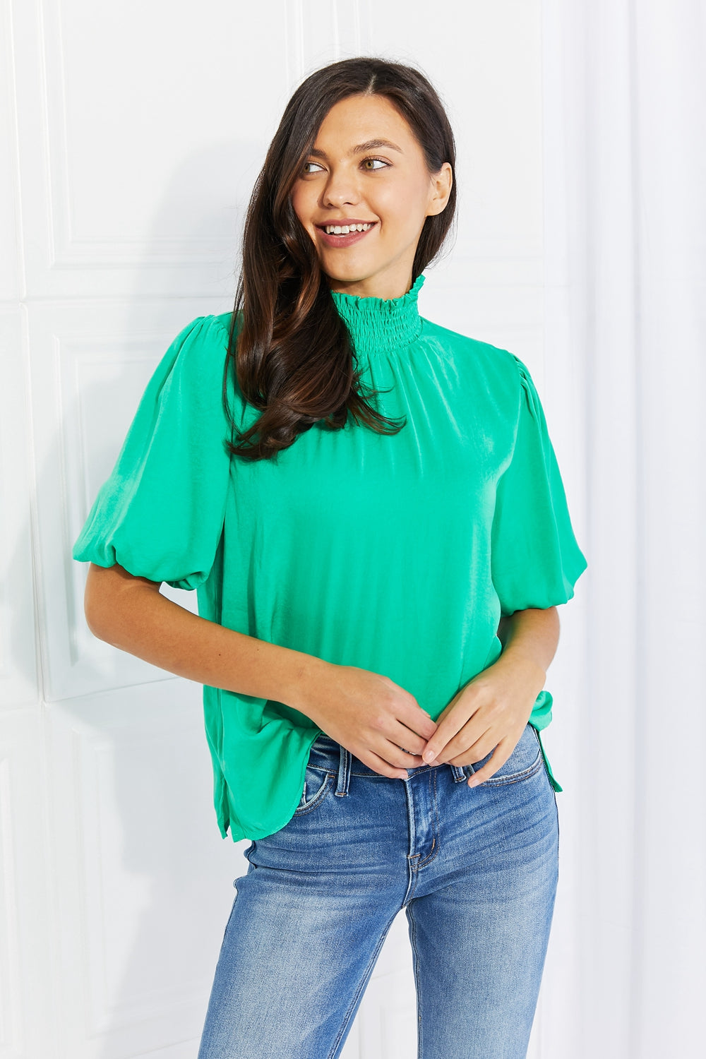 ODDI Full Size Slit Smocked Puff Sleeve Blouse