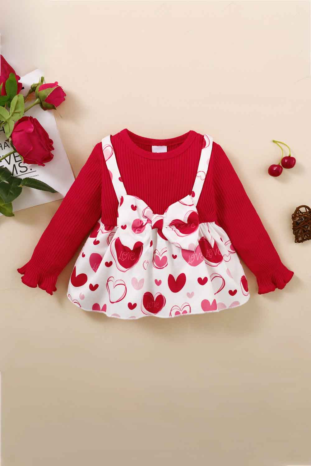 Girls Heart Print Bow Detail Sweater and Flare Pants Set