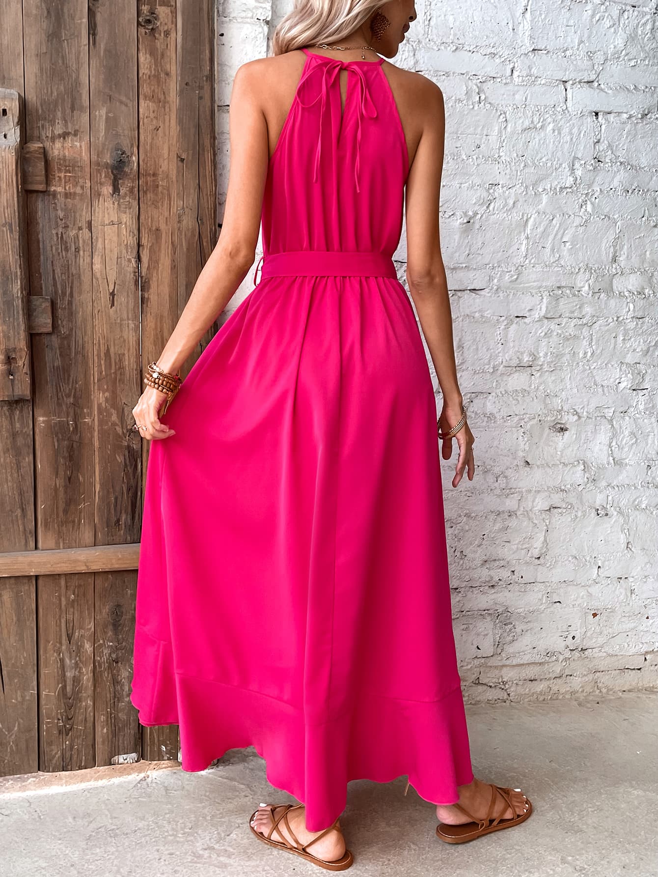 Grecian Neck Tie Belt Dress