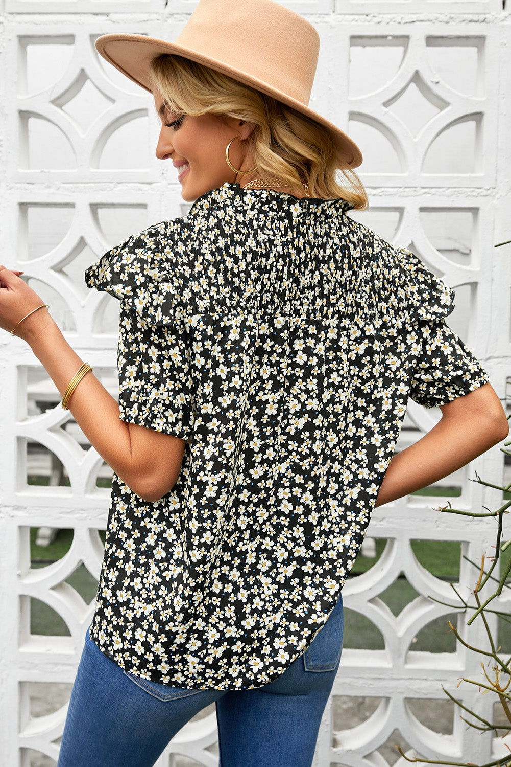 Floral Smocked Ruffle Shoulder Tie Neck Top