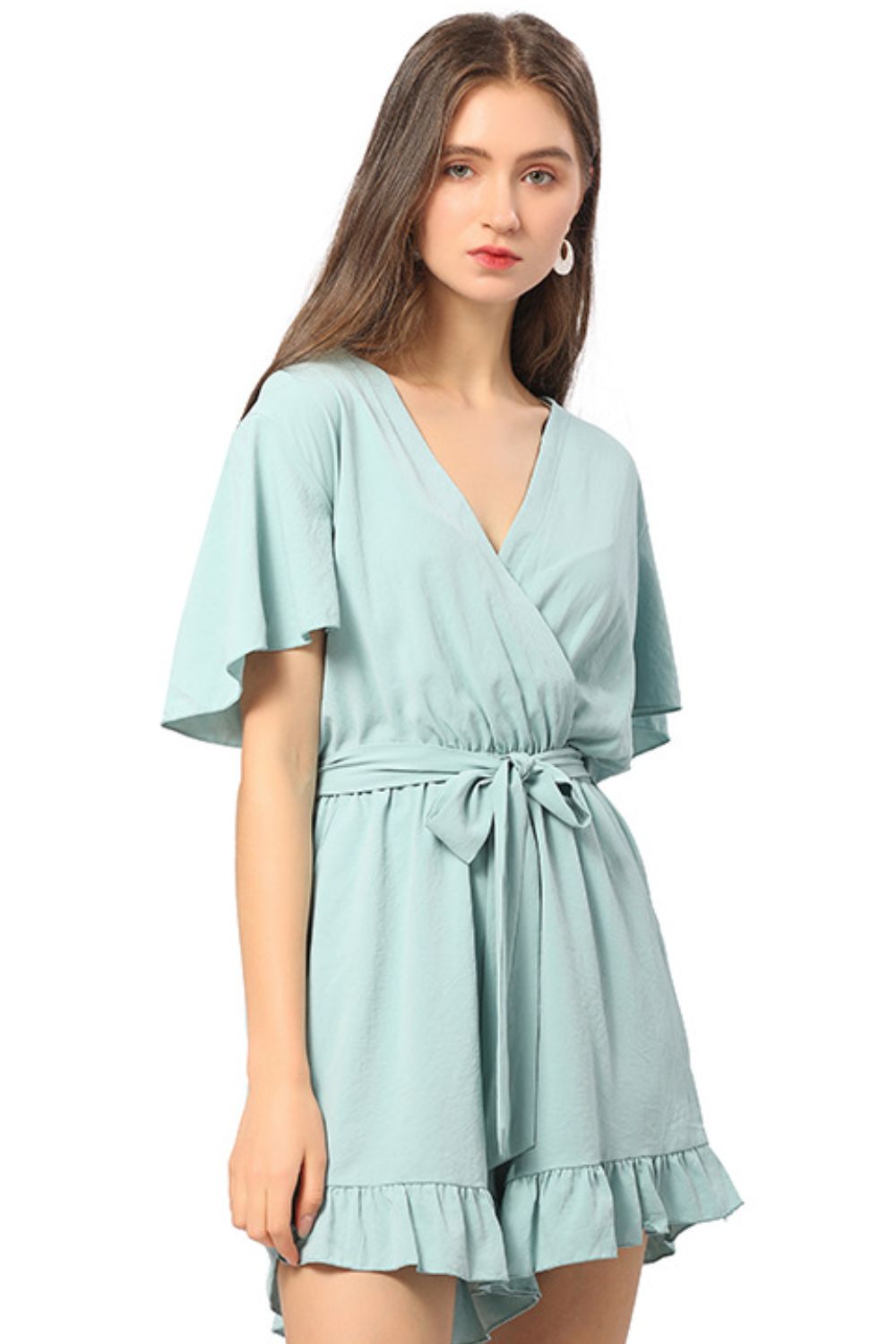 Ruffle Trim Belted Surplice Flutter Sleeve Romper