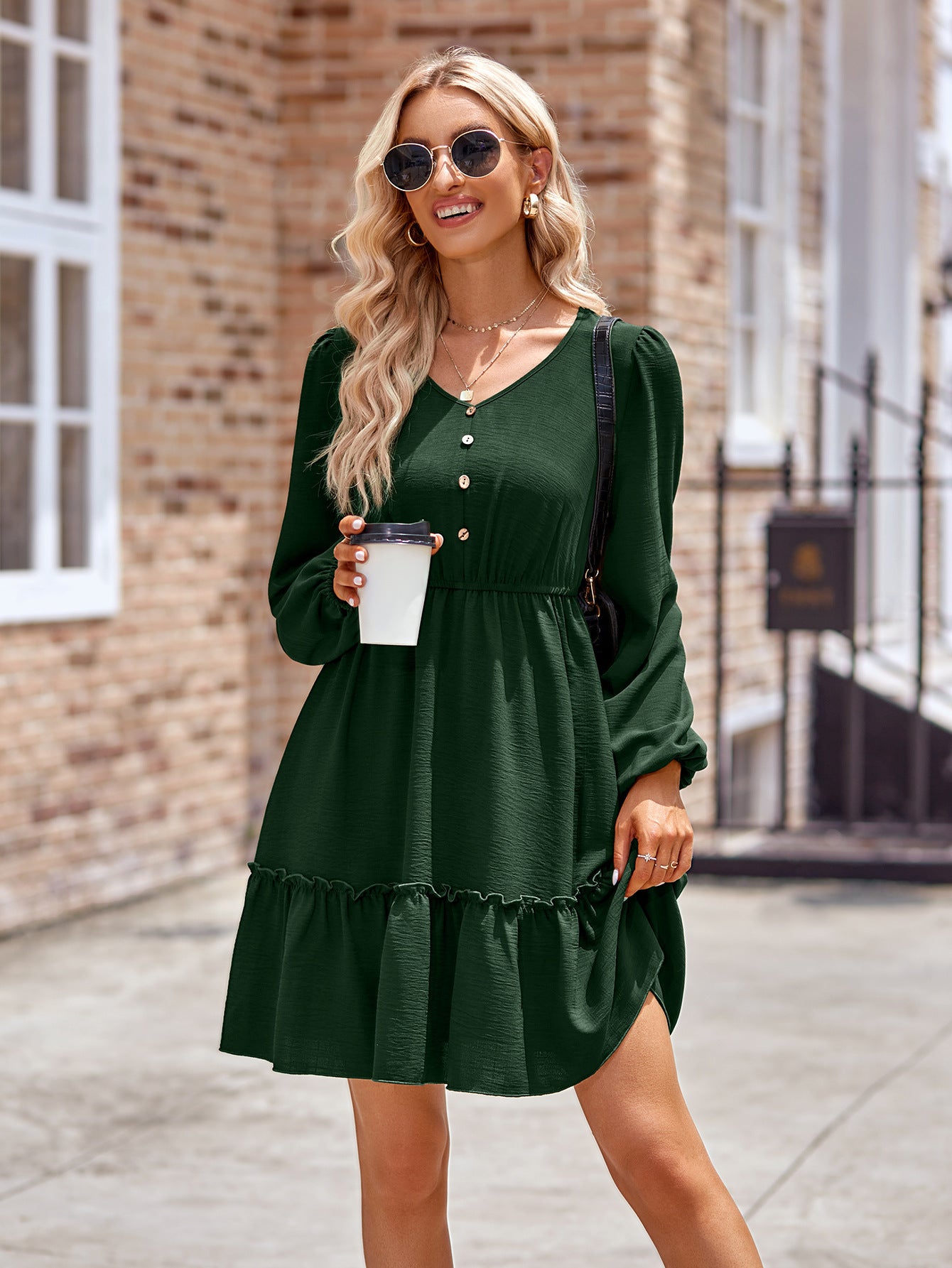 Frill Trim Buttoned V-Neck Puff Sleeve Dress