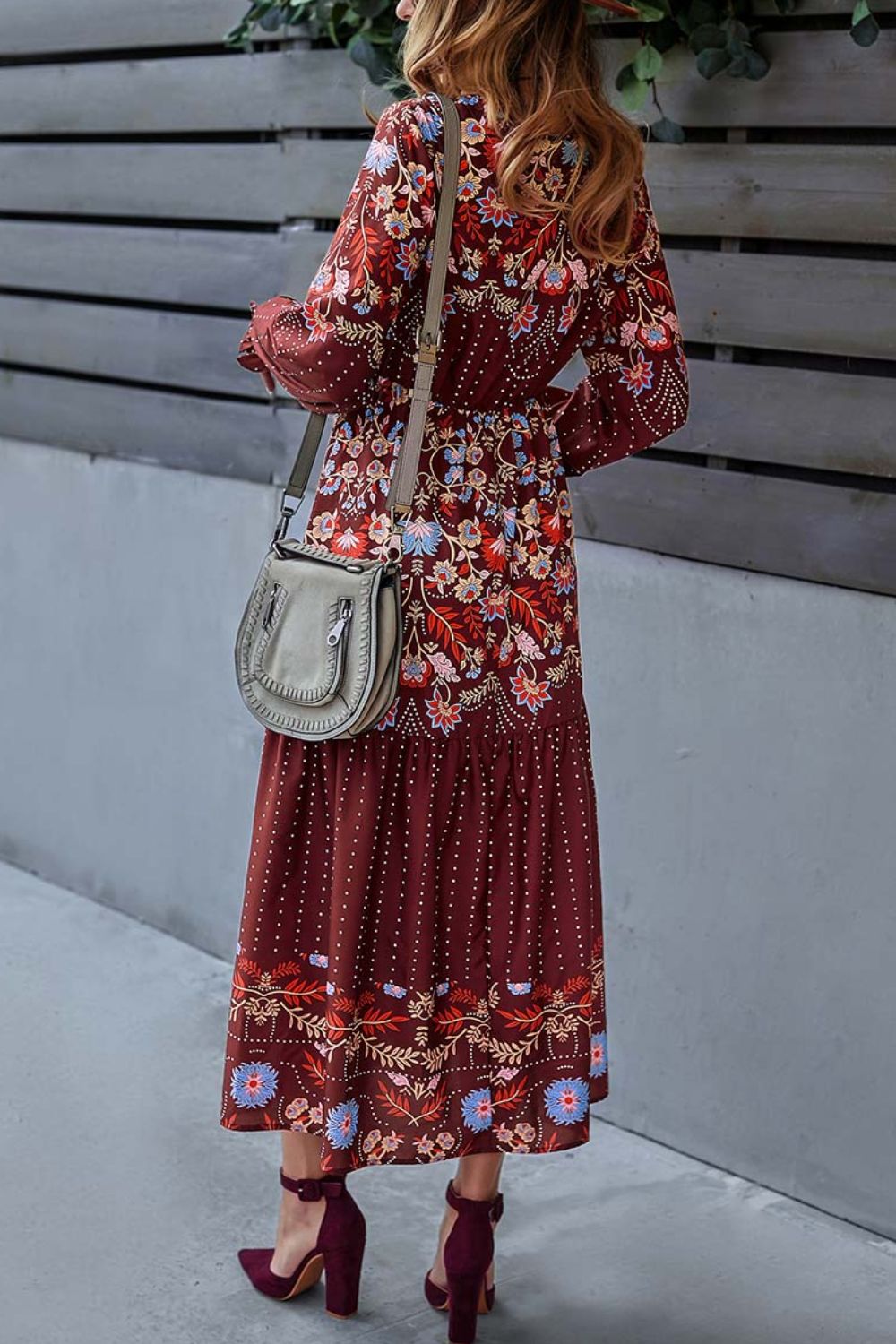 Floral Print Decorative Buttons V-Neck Flounce Sleeve Midi Dress