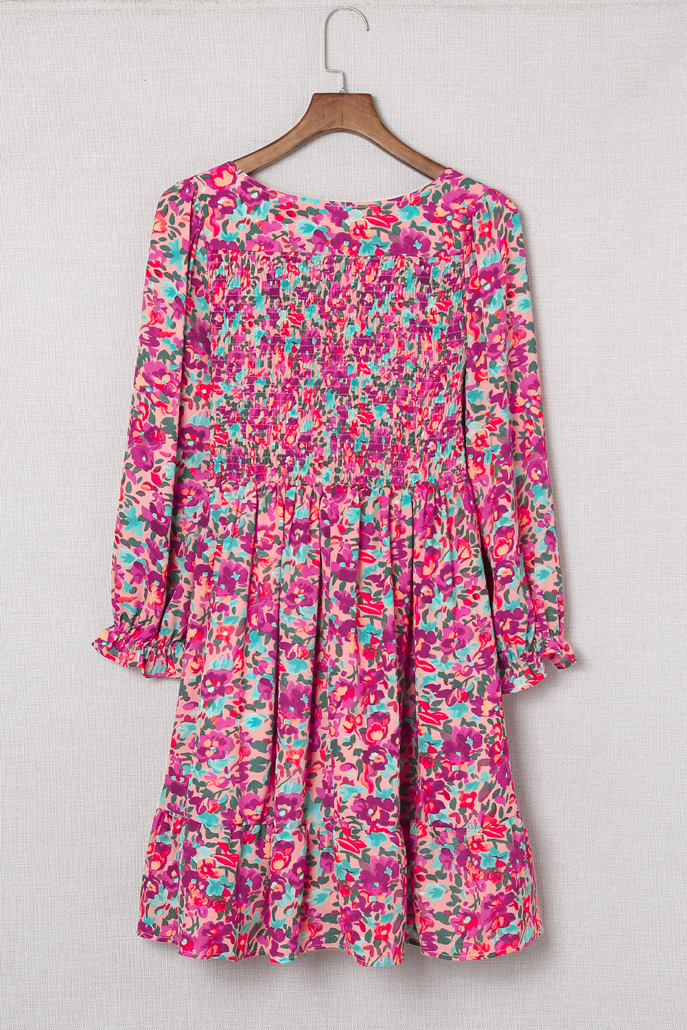 Floral Smocked V-Neck Flounce Sleeve Dress