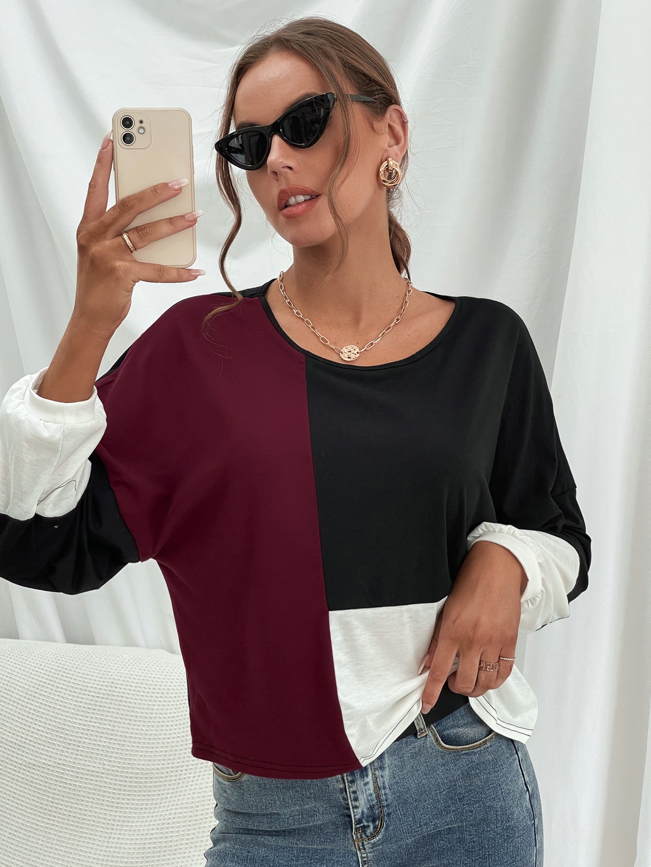 Three-Tone Color Block Dropped Shoulder Long Sleeve Tee