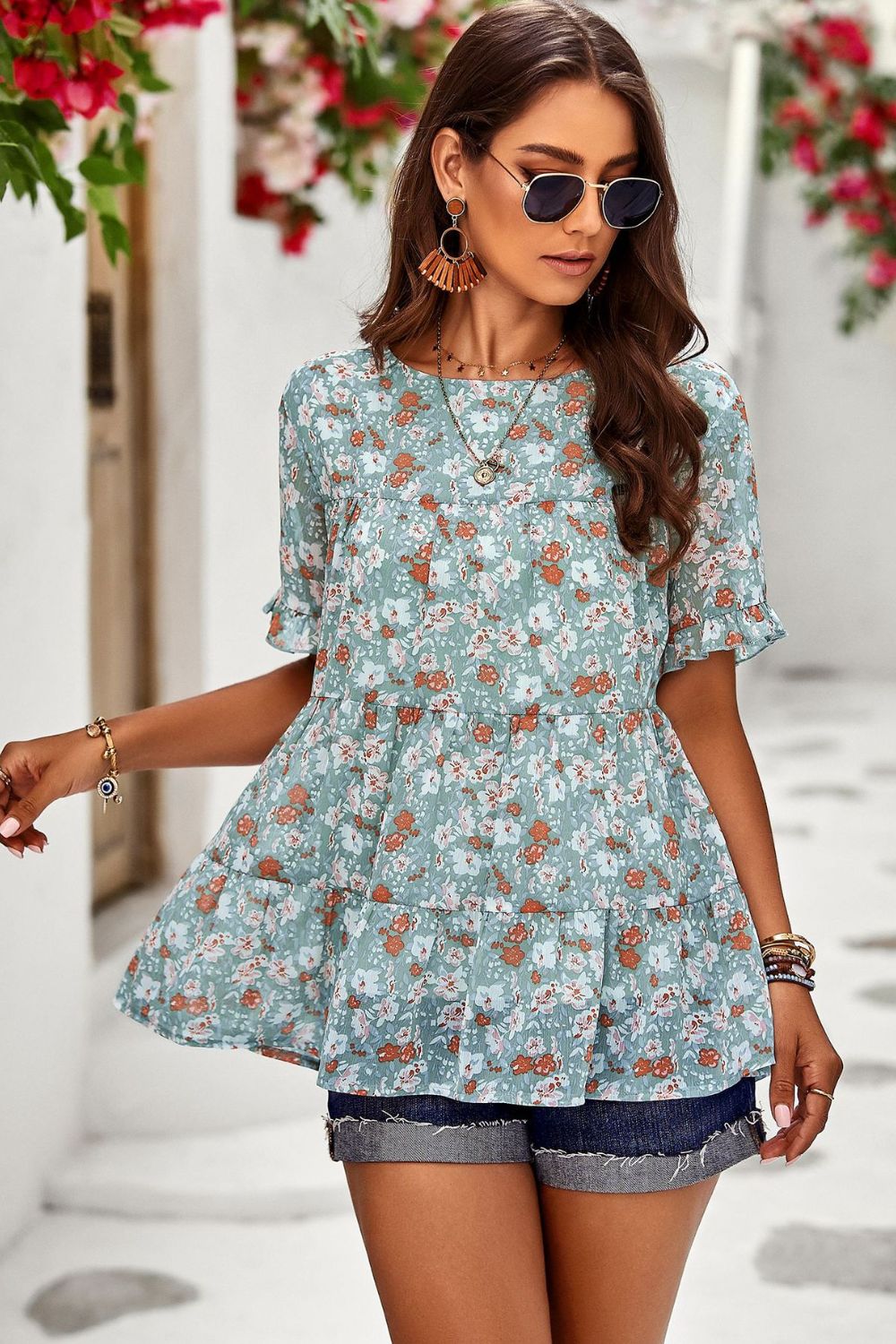 Printed Round Neck Tiered Top