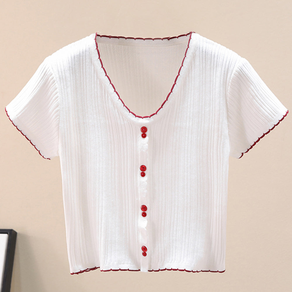 Contrast Decorative Button Short Sleeve Knit Top