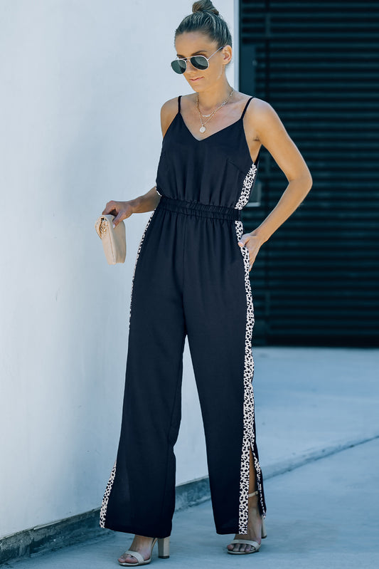 Leopard Contrast Spaghetti Strap Wide Leg Jumpsuit