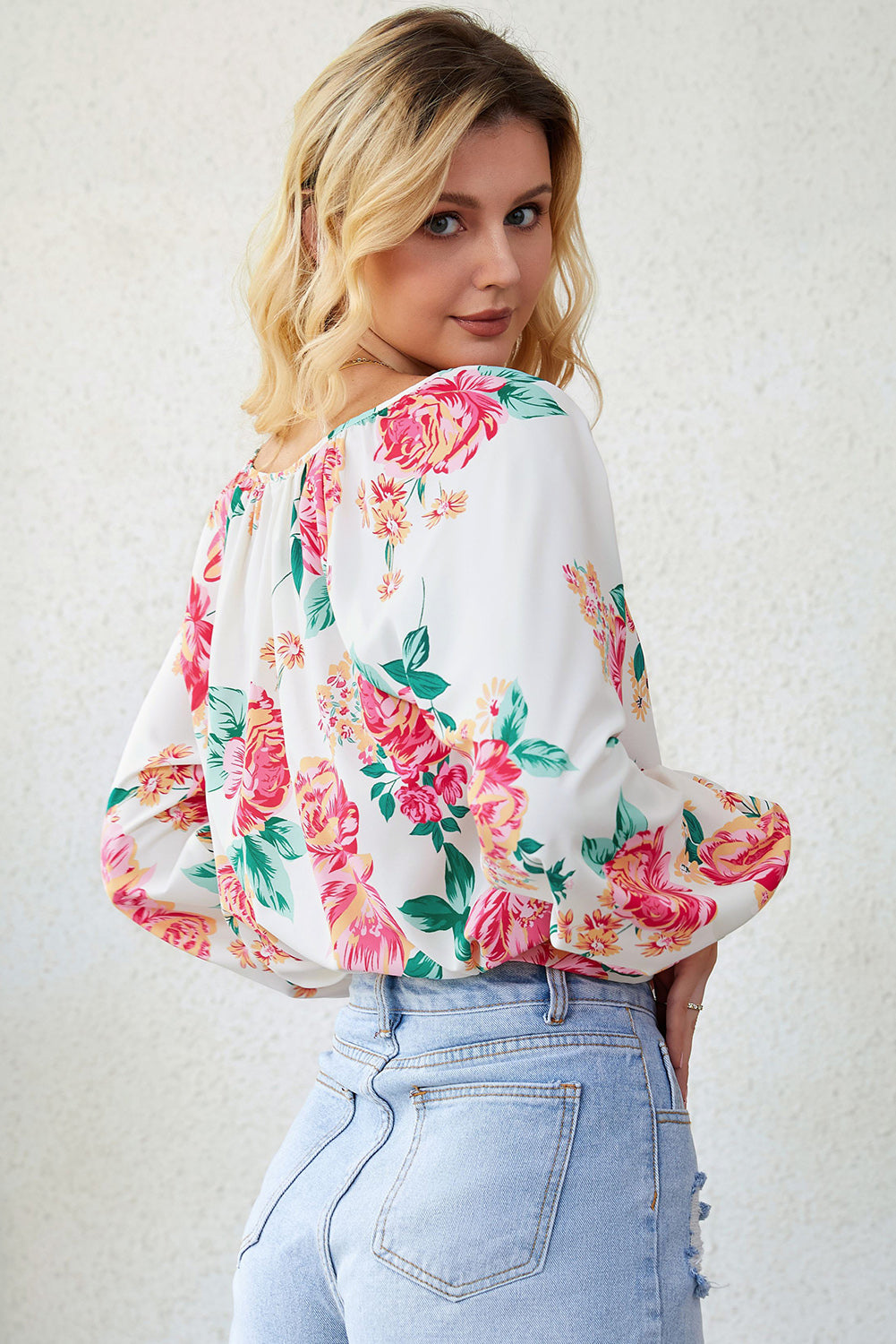 Floral Notched Neck Long Sleeve Blouse