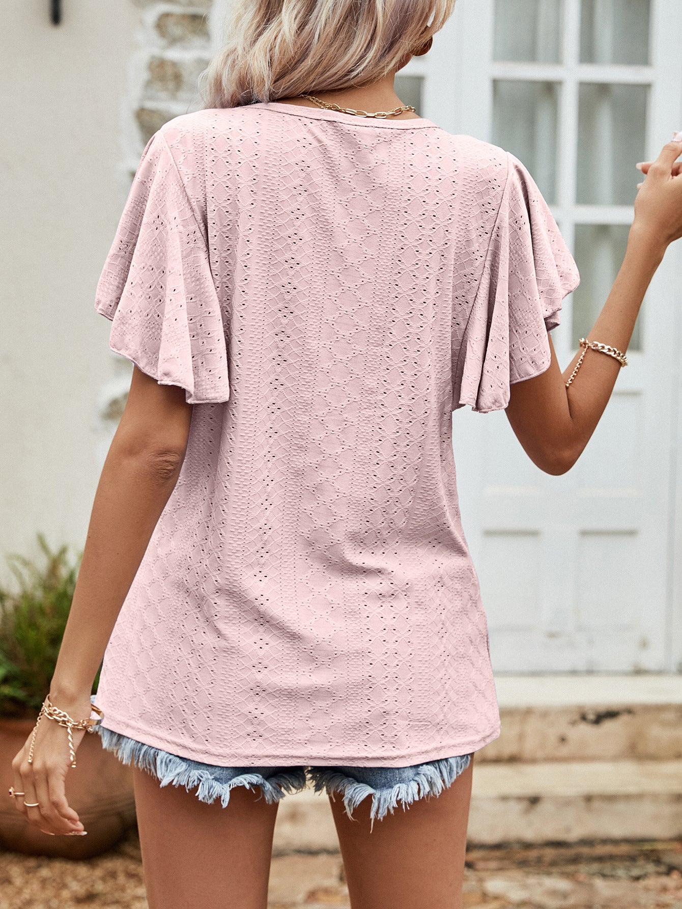 Round Neck Flutter Sleeve Blouse